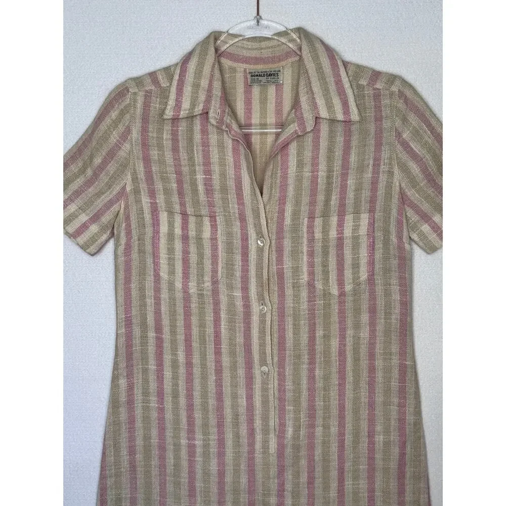 1970s Donal Davies Ireland Linen Wool Stripe Shirt Dress Size Small